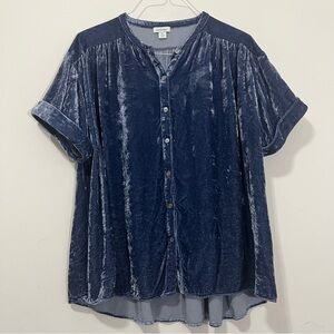 Sundance Silk Blend Velvet Skies Velvet Blouse Top Sz XL Short Sleeve Button Up